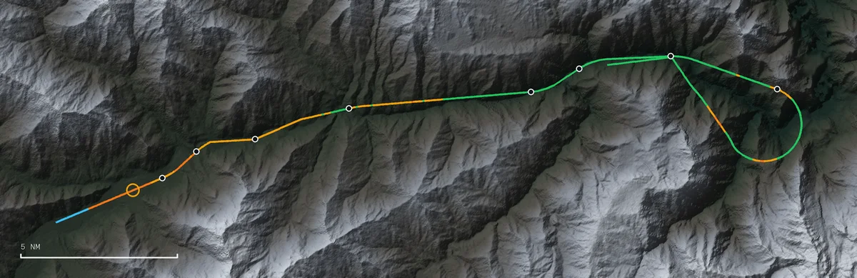 Engine-out escape route over terrain, coloured by net clearance