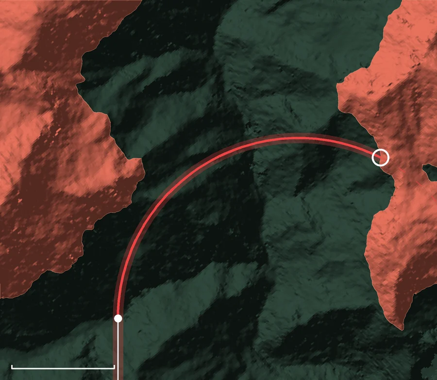 Heavier weight at V2, 15 degrees of bank: the wider turn reaches terrain above the flight path