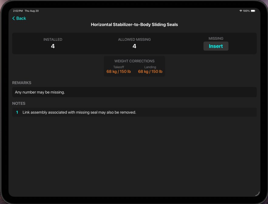 eLila CDL item showing installed and allowed missing counts with takeoff and landing weight corrections