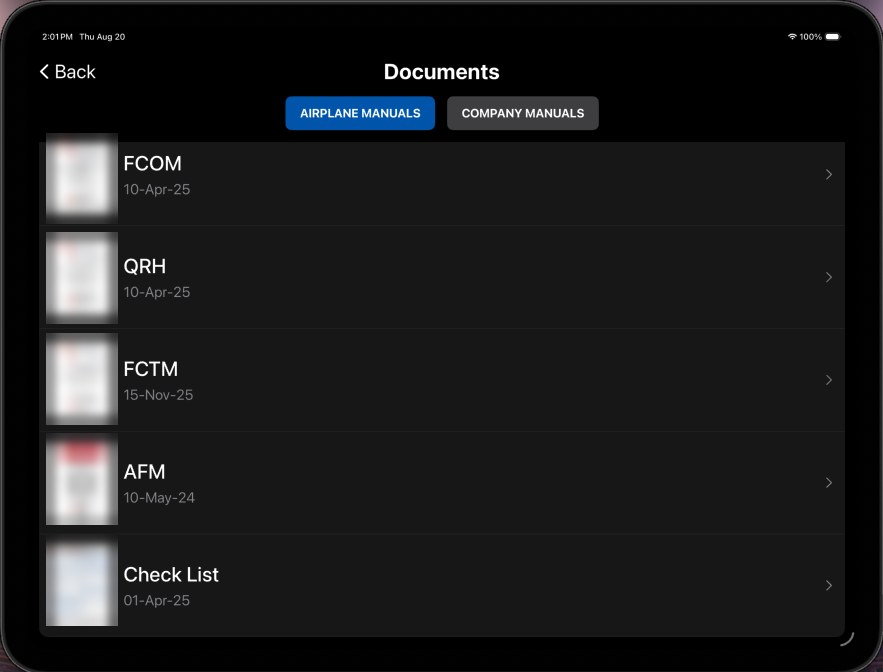 eLila documents module listing airplane and company manuals with revision dates