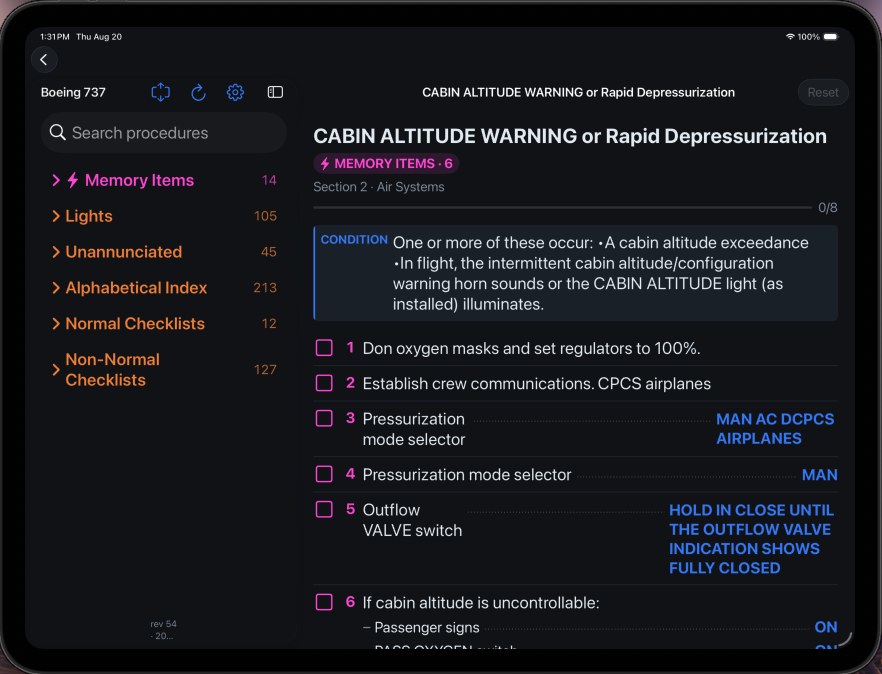 eLila eQRH module running a non-normal checklist with memory items and conditions