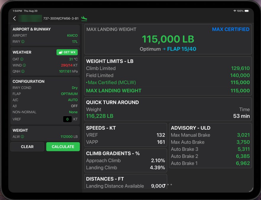 eLila landing module: maximum landing weight, weight limits, VREF and VAPP, required landing distance