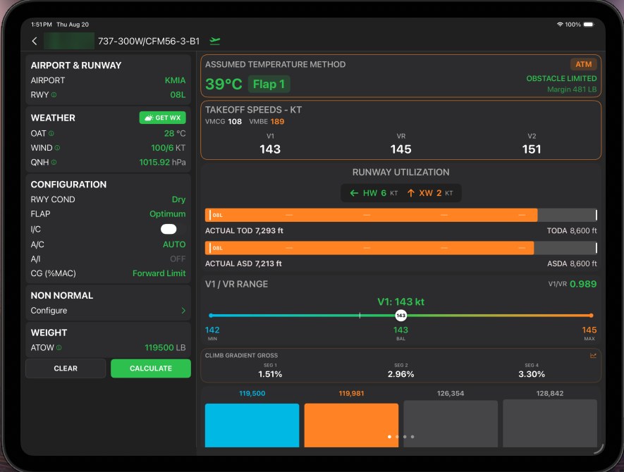 eLila takeoff module: assumed temperature, V-speeds, runway utilisation and limiting weights