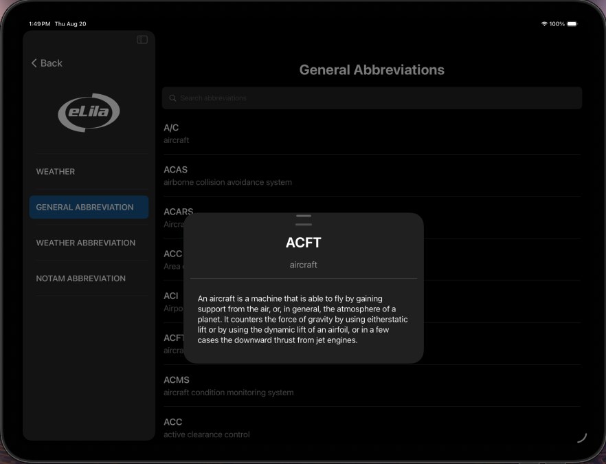 eLila tools module with searchable general, weather and NOTAM abbreviations