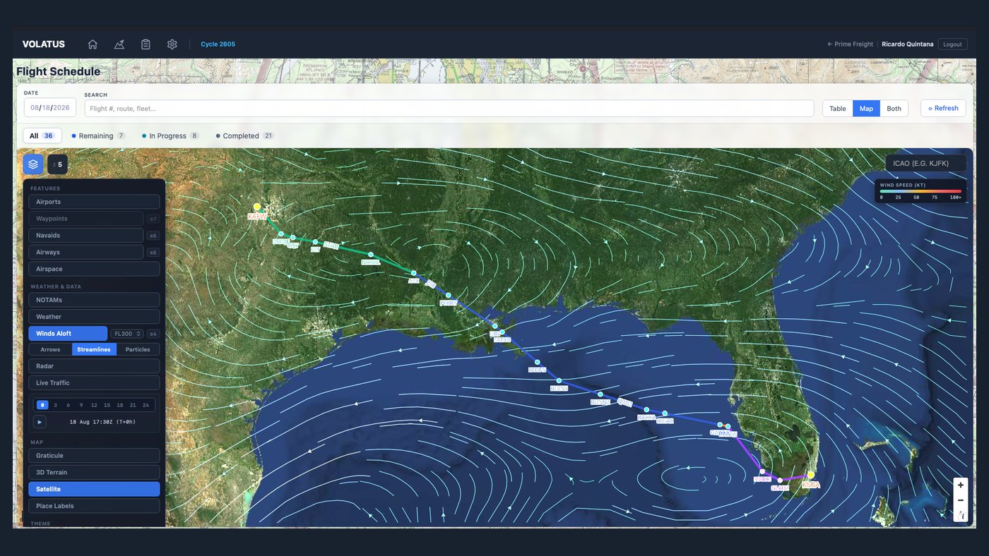 Volatus route across the Gulf of Mexico with winds aloft rendered as streamlines over a satellite basemap