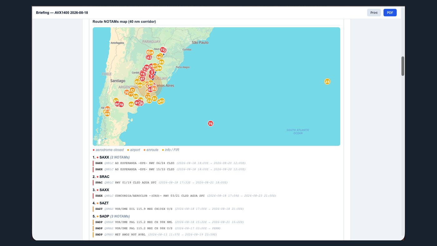 Volatus route NOTAMs map showing clustered NOTAMs in a 40 nautical mile corridor with decoded text below