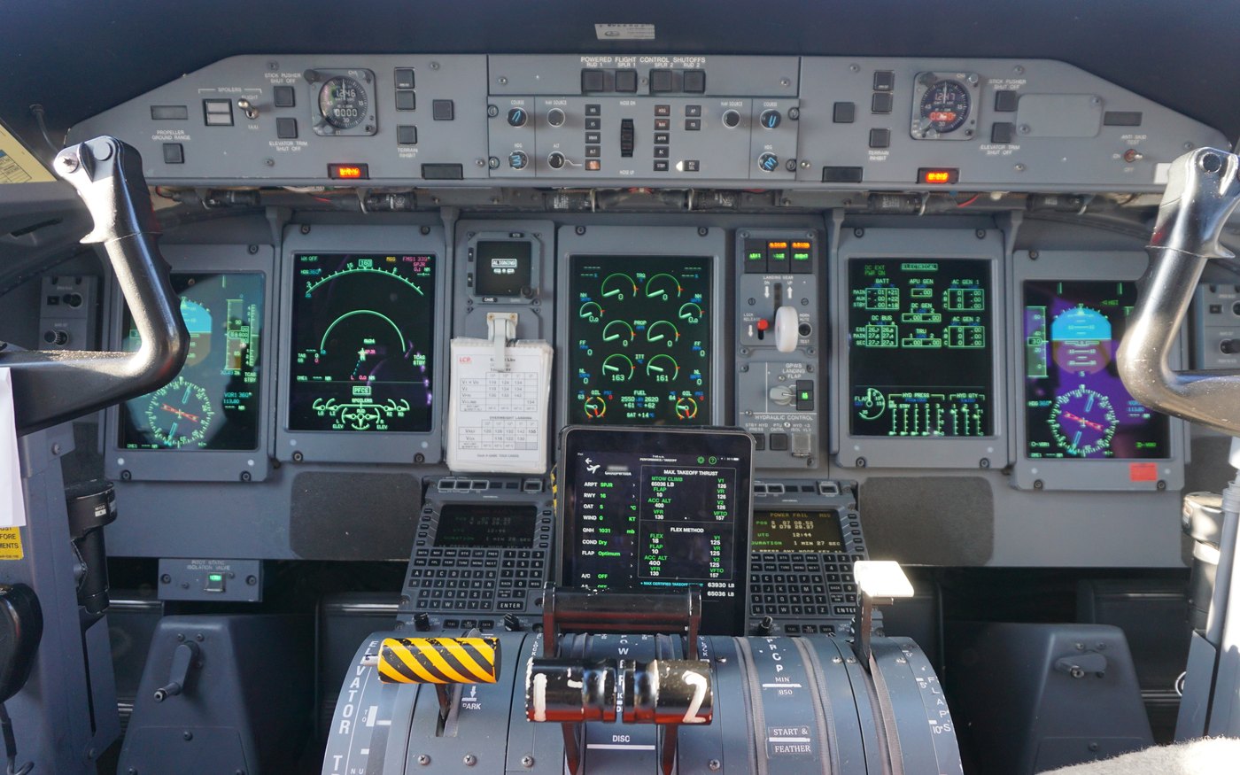 Bombardier Dash 8 Q400 flight deck with eLila EFB on the control pedestal